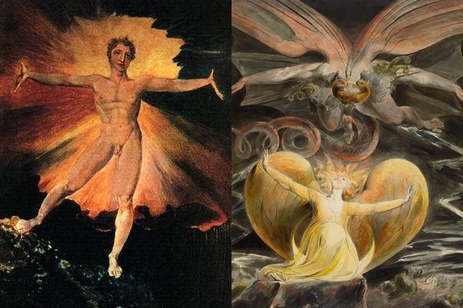 Картины Уильяма Блейка «Радостный день, или Танец Альбиона» и «Великий красный дракон и жена, облеченная в солнце»