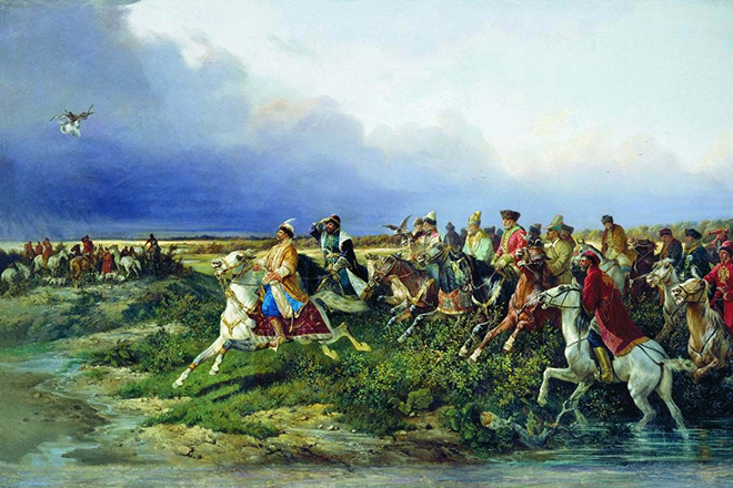 Царь Алексей Михайлович с боярами на соколиной охоте