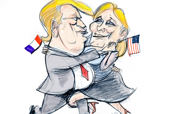 Карикатура на Марин Ле Пен и Дональда Трампа