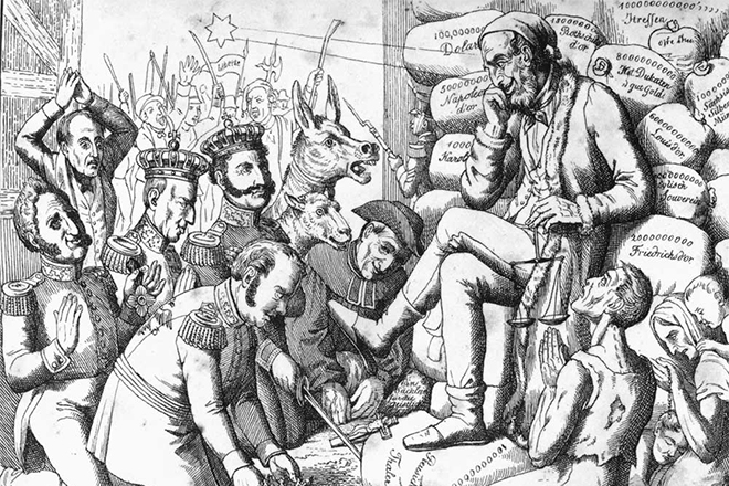 Карикатура, изображающая монархов Европы у ног Майера Ротшильда