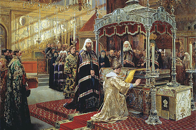 Патриарх Никон и царь Алексей Михайлович перед гробницей святителя Филиппа