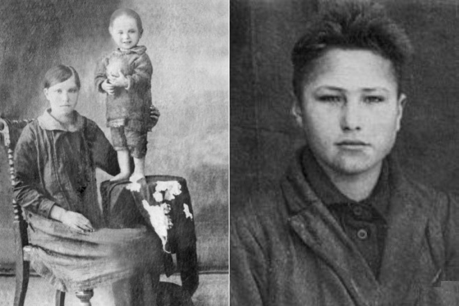 Маленький Василий Шукшин с мамой (слева) и в юности
