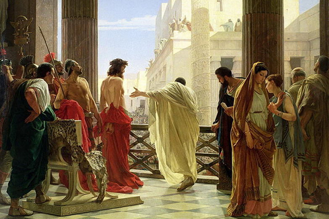 Понтий Пилат показывает толпе Иисуса Христа после избиения плетьми