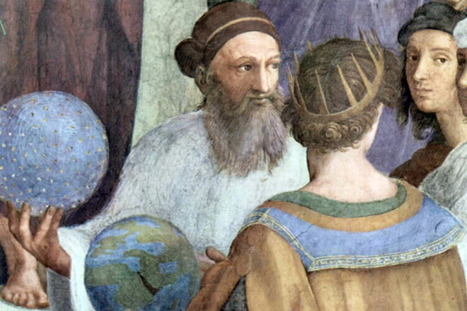 Заратустра держит небесную сферу на фреске Рафаэля 