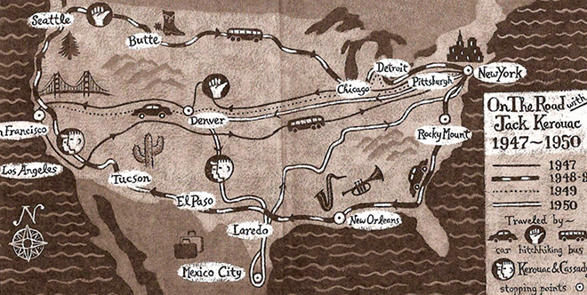 Карта из книги Джека Керуака «В дороге»