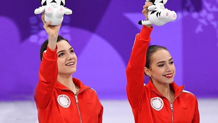 Алина Загитова и Евгения Медведева на Олимпиаде-2018