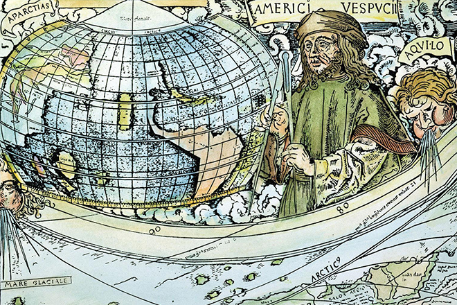 Портрет Америго Веспуччи на карте мира