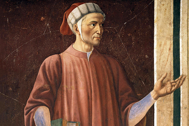 Данте Алигьери на фреске Андреа дель Кастаньо (1450, Галерея Уффици)